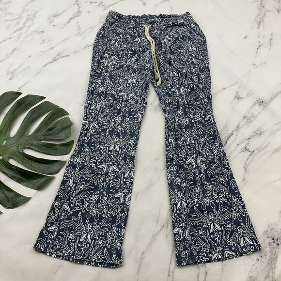 Roxy Womens Linen Blend Beach Pant Size L Blue White Flare Leg Pull On - Picture 1 of 10